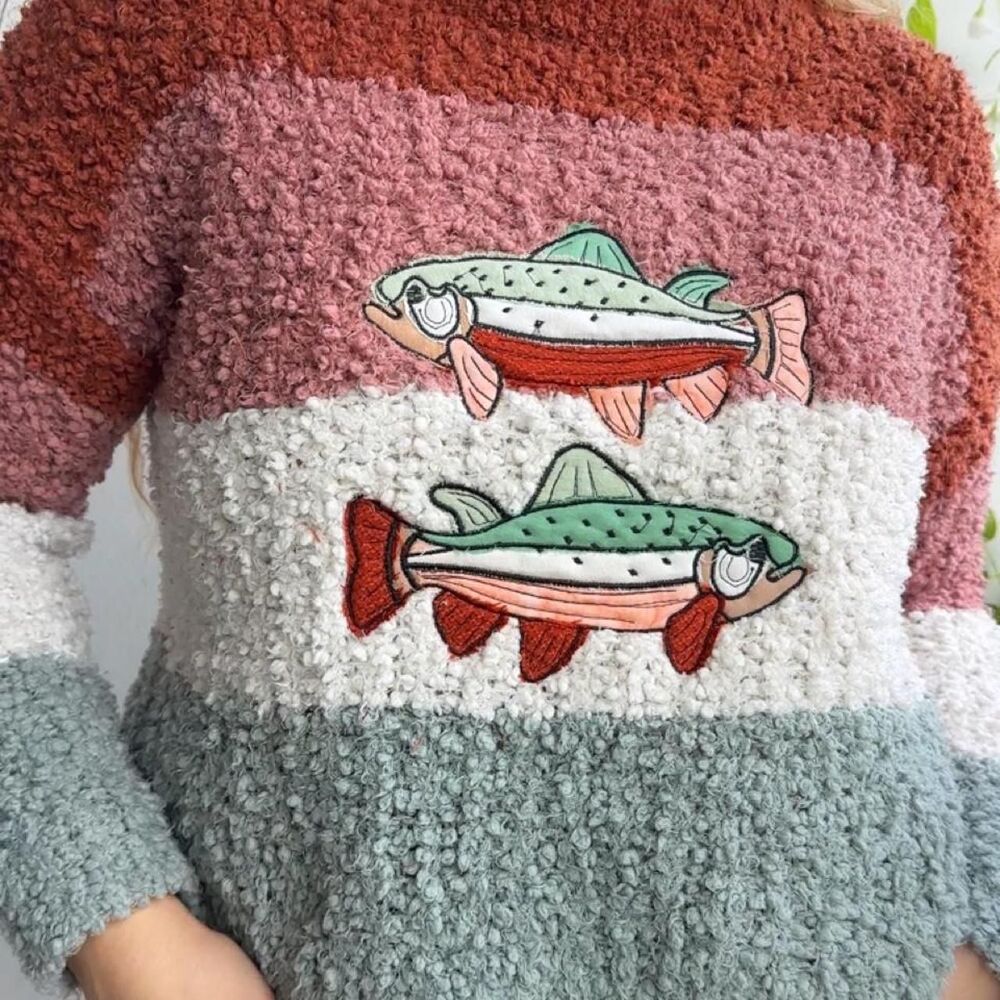 Upcycled color block fish patchwork embroidered sweater